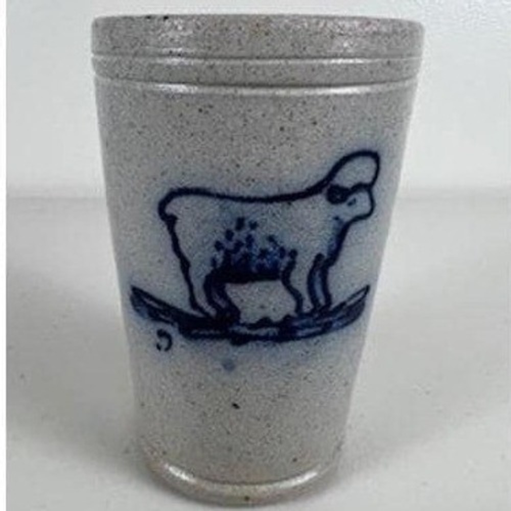 Vintage Rowe Pottery Works 1988 Handcrafted Sheep Salt‎ Glazed Crock Stoneware